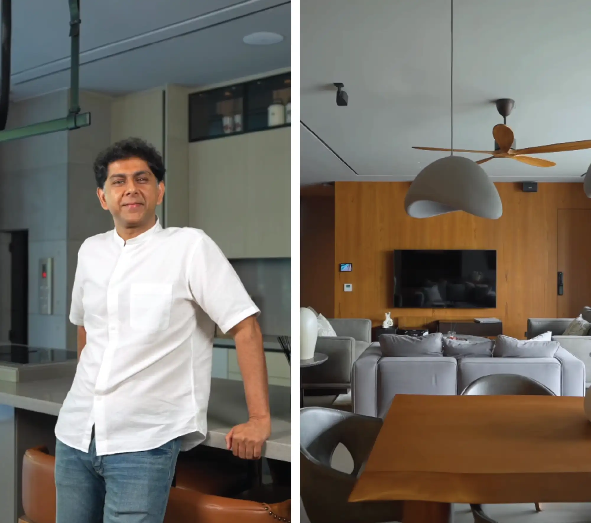 Left: Ashu Duggal of Subash Associates at the sprawling Chandigarh home. Right: The home dons a minimalist vibe with wooden accents and a neutral palette. (Image Credits: DP Agency)