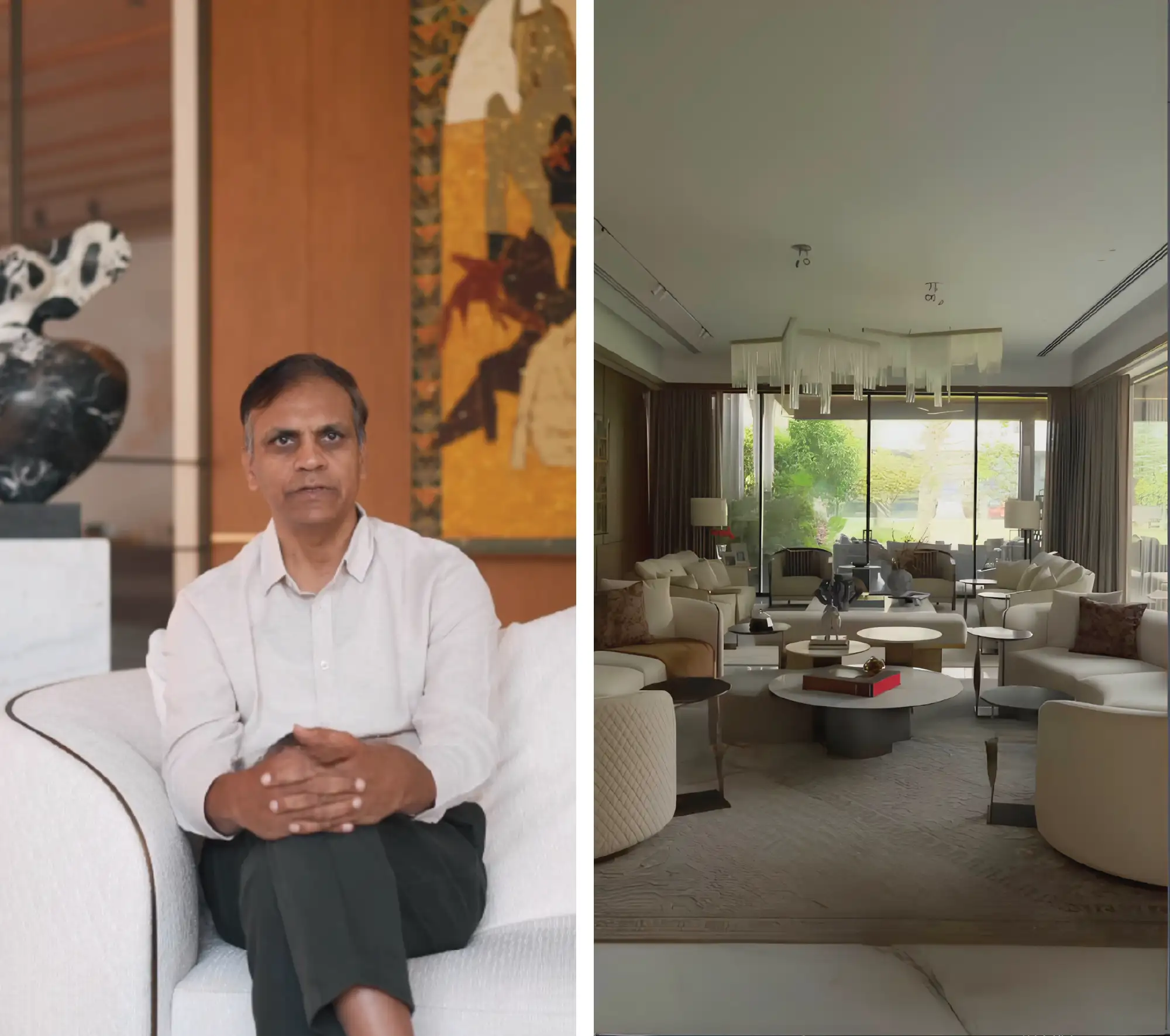 Left: Hiren Patel of Hiren Patel Architects + Design at the Gujarat home. Right: The residence unveils through interconnected pavilions, verdant courtyards, and expansive verandahs that dissolve the boundaries. (Image Credits: DP Agency)