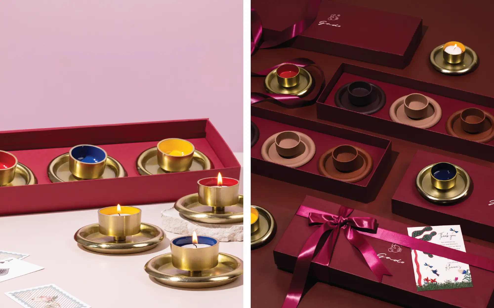 Left: ‘Cirque’ tea light holders by Gado Living; Right: ‘Cirque’ tea light holders and ‘Terra’ tea light holders by Gado Living. (Image Credits: Studio AltSpace for Gado Living)