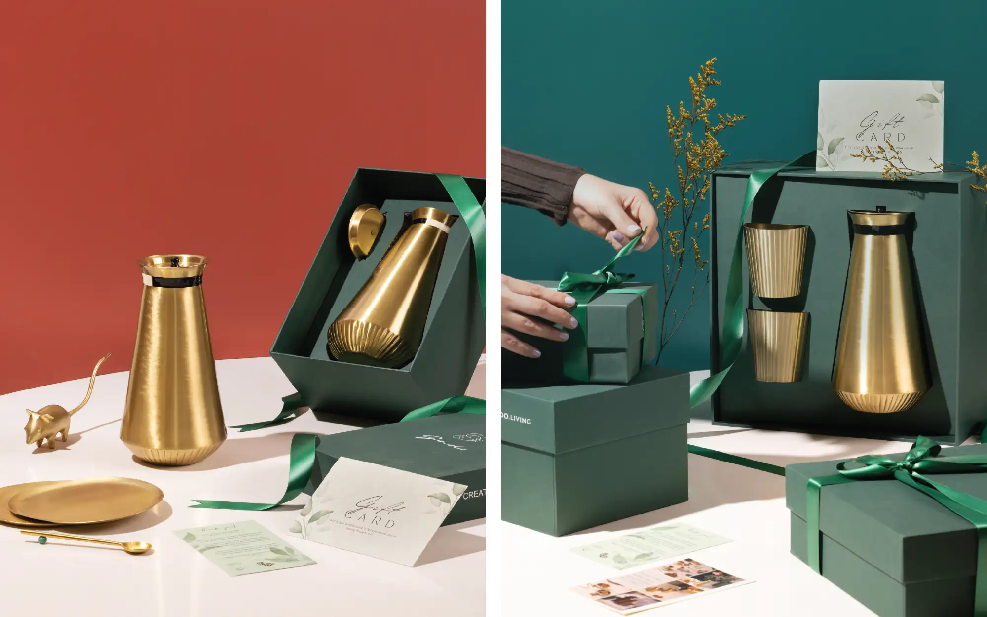 Left: ‘Yin and Yang’ brass jug by Gado Living; Right: ‘Khasiyat’ brass gift set by Gado Living. (Image Credits: Studio AltSpace for Gado Living)