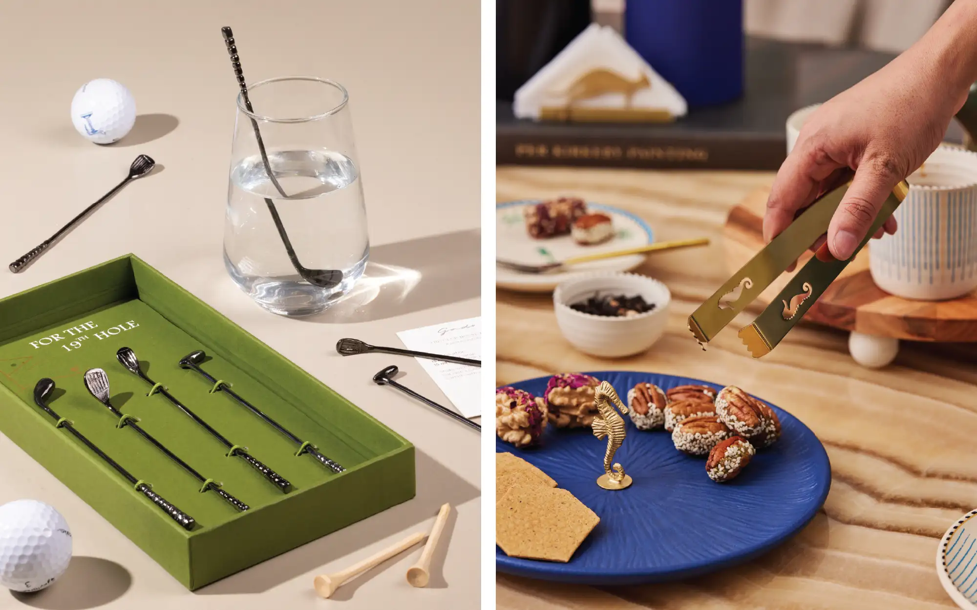 Left: ‘Tee-Time’ cocktail stirrers by Gado Living; Right: ‘Mirissa’ tongs by Gado Living. (Image Credits: Studio AltSpace and photographer Naina Gehlot for Gado Living)