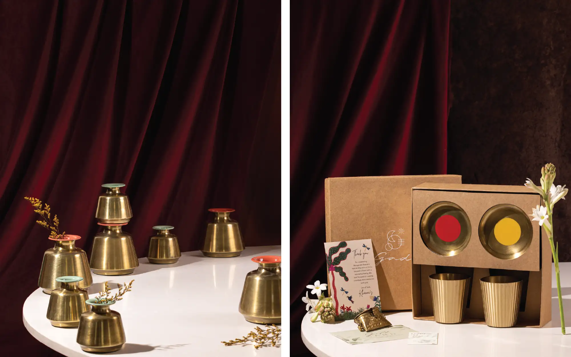 Left: ‘Enamel’ matkas by Gado Living; Right: ‘Avia’ essentials gift set by Gado Living. (Image Credits: Studio AltSpace for Gado Living)