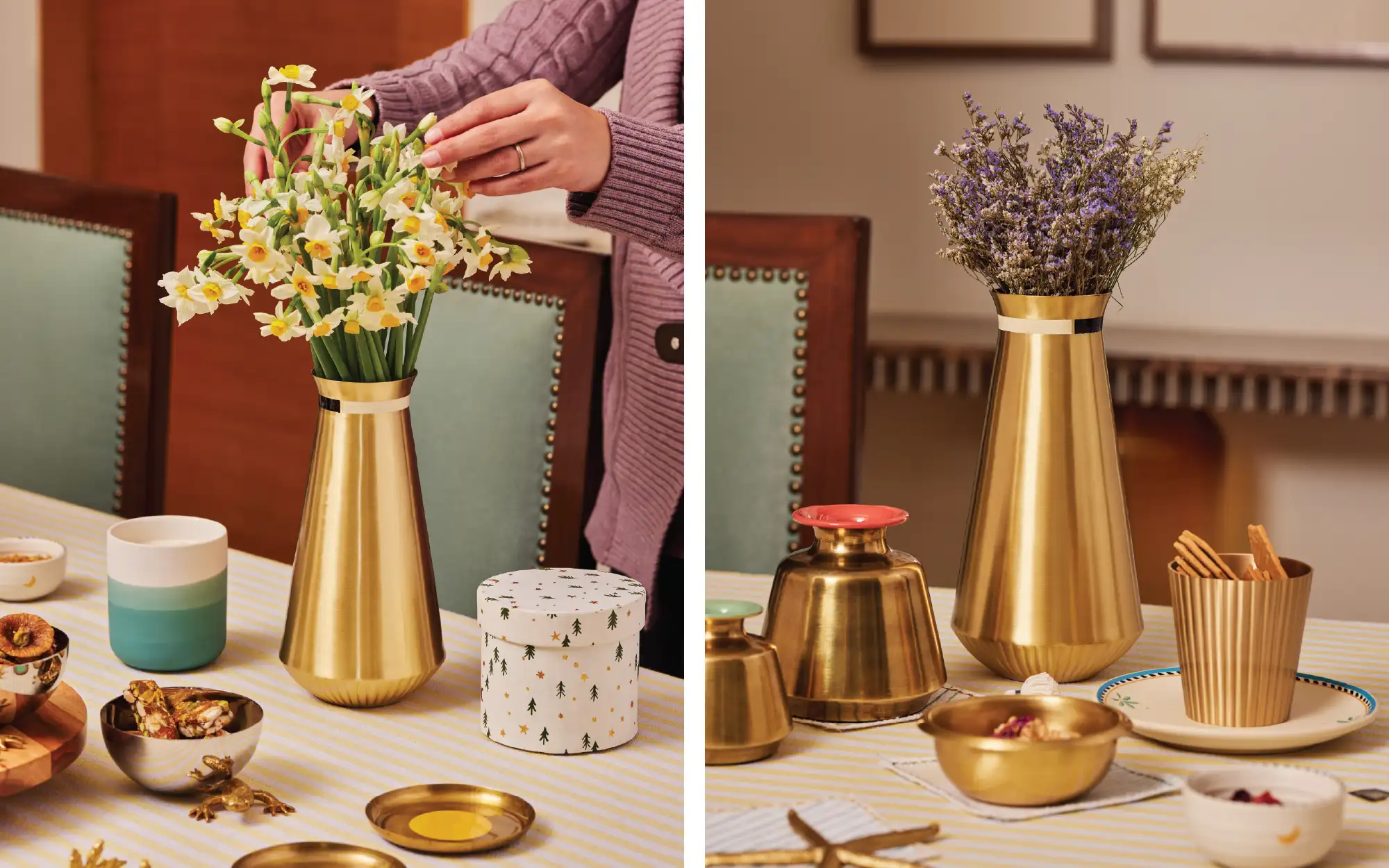 Left: ‘Yin and Yang’ brass jug with ‘Cirque’ coasters and ‘Leora’ candle by Gado Living; Right: ‘Yin and Yang’ brass jug with ‘Enamel’ matkas and ‘Avisa’ brass tumblers by Gado Living. (Image Credits: Photographer Naina Gehlot for Gado Living)