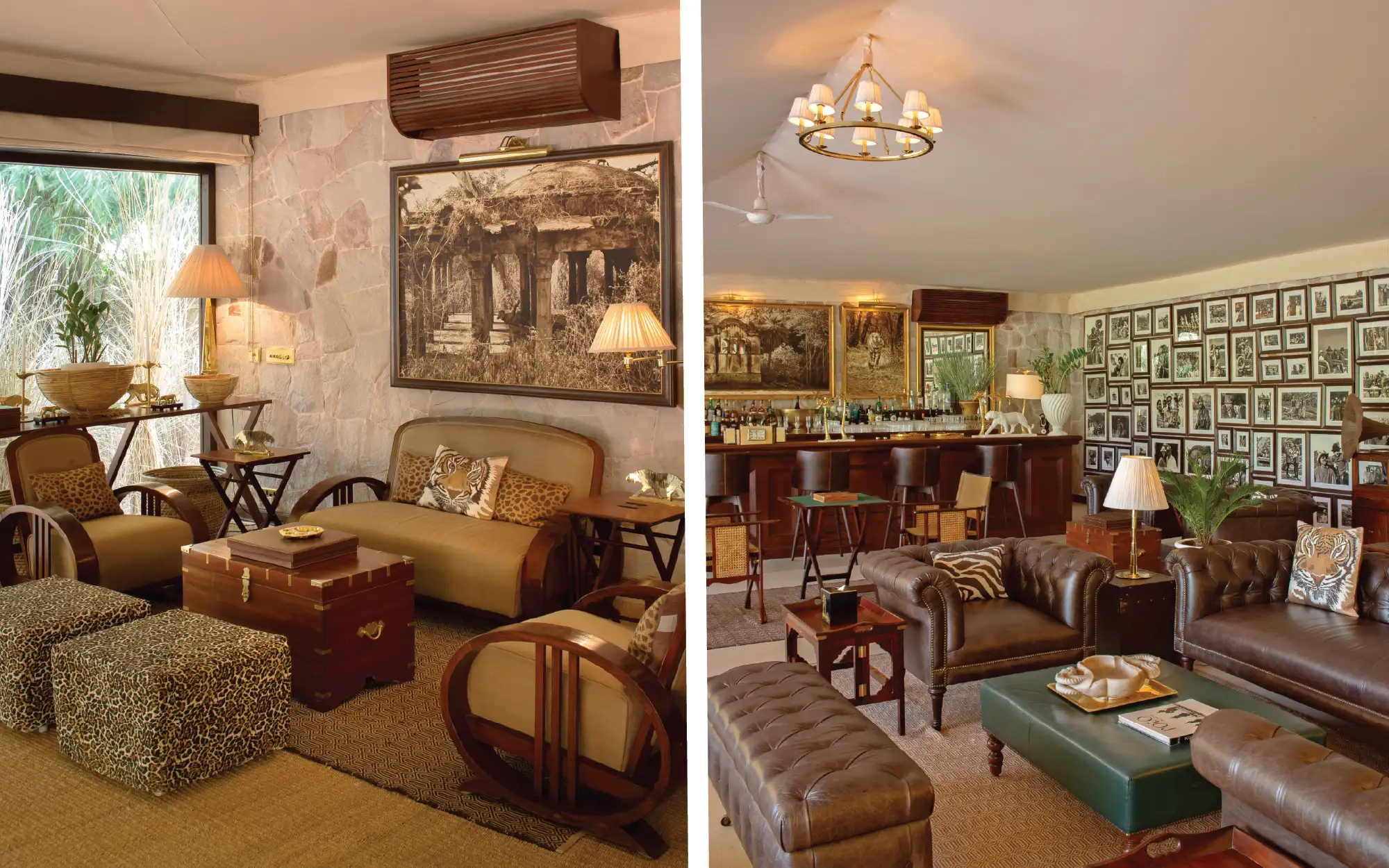 Left: Lined with books on wildlife, exploration and conservation, the library invites guests to linger between adventures. Right: Framed photographs and vintage curios adorn the walls of the lodge-style bar, creating a space steeped in the romance of old-world safaris. (Image Credits: Relais & Châteaux SUJÁN Sher Bagh)
