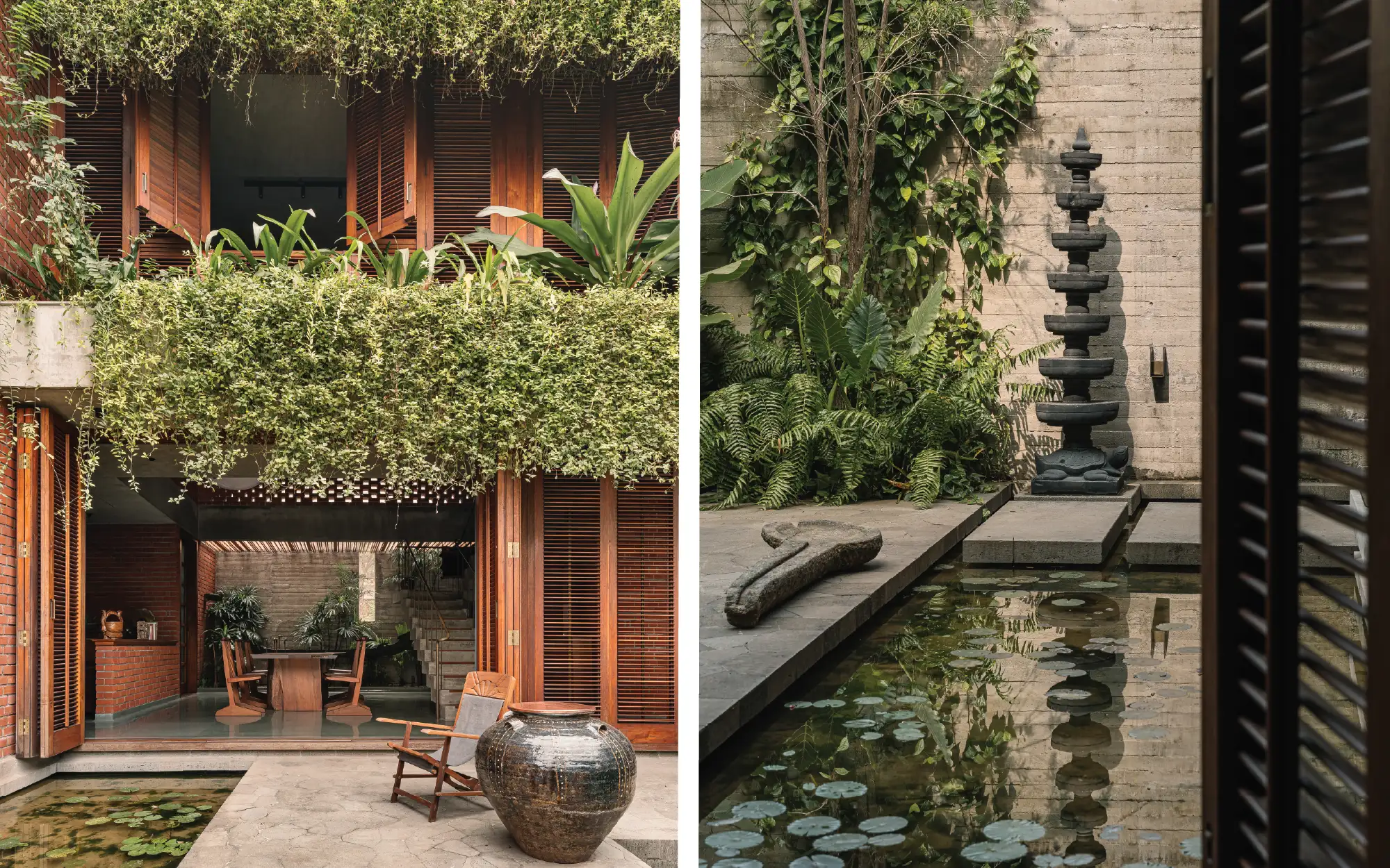 Left: Tropical plants, creepers and a lily pond draw nature in, allowing users to experience the home at their own pace and in their own way. Right: The stepped water court with lily pads and surrounding sculptural elements creates a space for contemplation and pause. (Image credits: Ishita Sitwala)