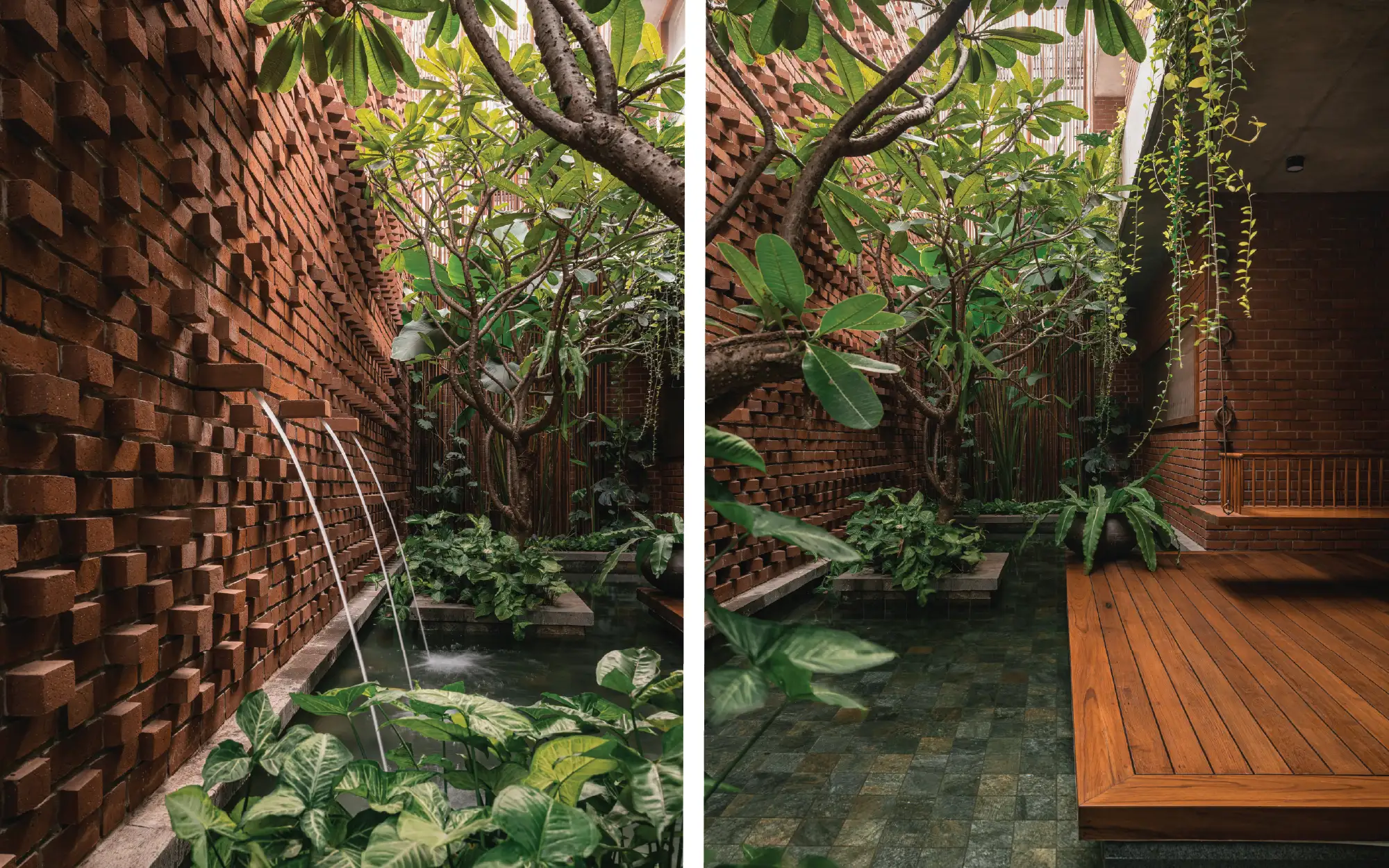 Left: Set against a richly textured brick wall, the gentle water jets introduce movement and sound into the landscape. Right: Framed by tropical planting and warm timber decking, the reflective water body dissolves the boundary between indoors and outdoors. (Image credits: Ishita Sitwala)