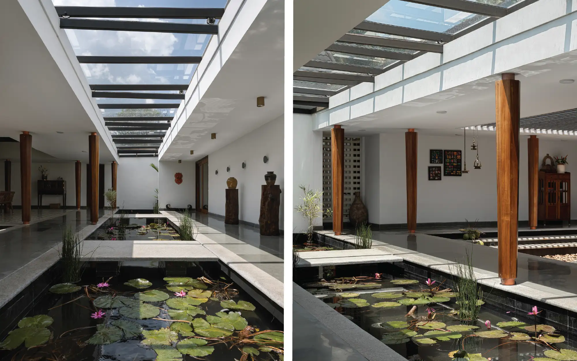 Left: The singularly large 600-square-foot Lily Pond helps alter the home's microclimate and adds serenity to this already muted and calm abode. Right: Together with the courtyard, skylights, and carefully planned openings, it contributes to creating a bright, serene, and climate-responsive living environment. (Image Credits: Justin Sebastian)