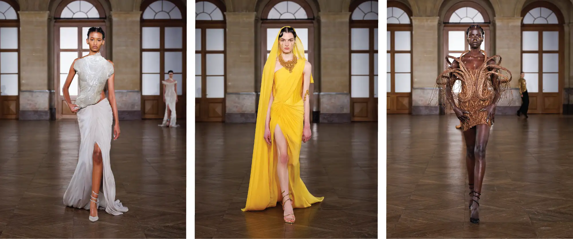 ‘The Divine Androgyne,’ Paris Couture Collection Spring/Summer '26 by Gaurav Gupta at Paris Couture Week, featuring an ancient temple murti or sculpture as a ‘stone-like divinity breastplate’. (Image Credits: Gaurav Gupta)