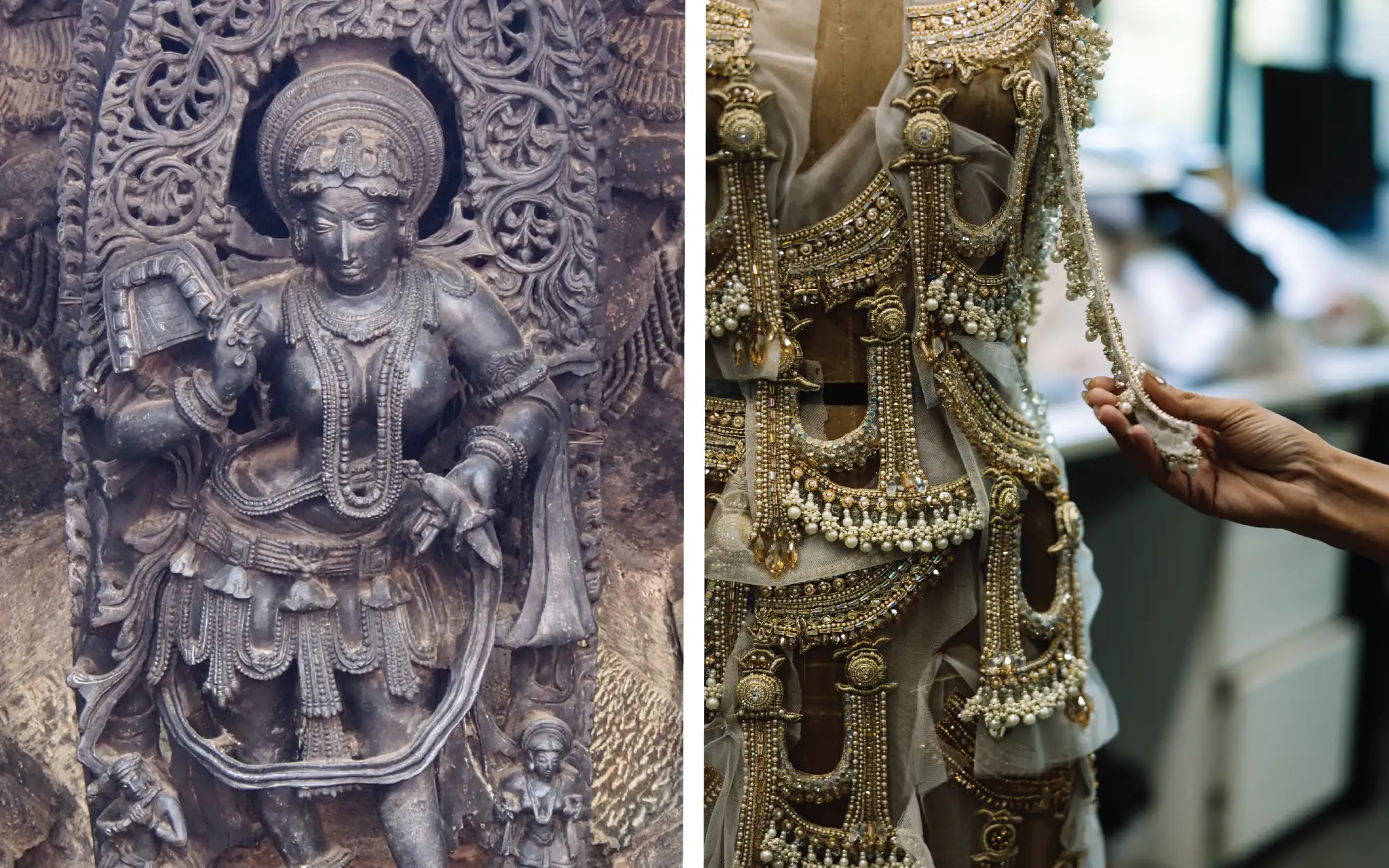 Left: Madanika at the 12th century Chennakerswara Temple in Belur, Karnataka. Right: Behind the scene still from Rahul Mishra’s studio. (Image Credits: Prof Ranga Sai for Wikimedia Commons and Rahul Mishra)