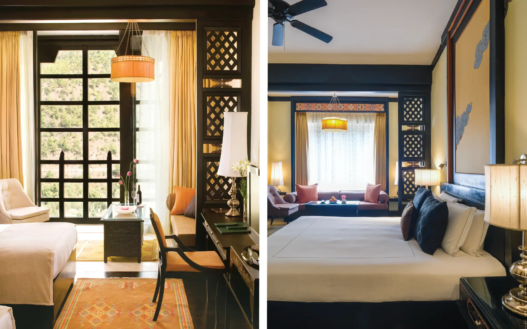 Thoughtfully designed for comfort, the rooms feature underfloor heating, walk-in wardrobes and elegant marble bathrooms, while the interiors are enriched with traditional paintings and captivating Bhutanese design elements that celebrate the country's rich cultural heritage. (Image Credit: Pemako Bhutan) 