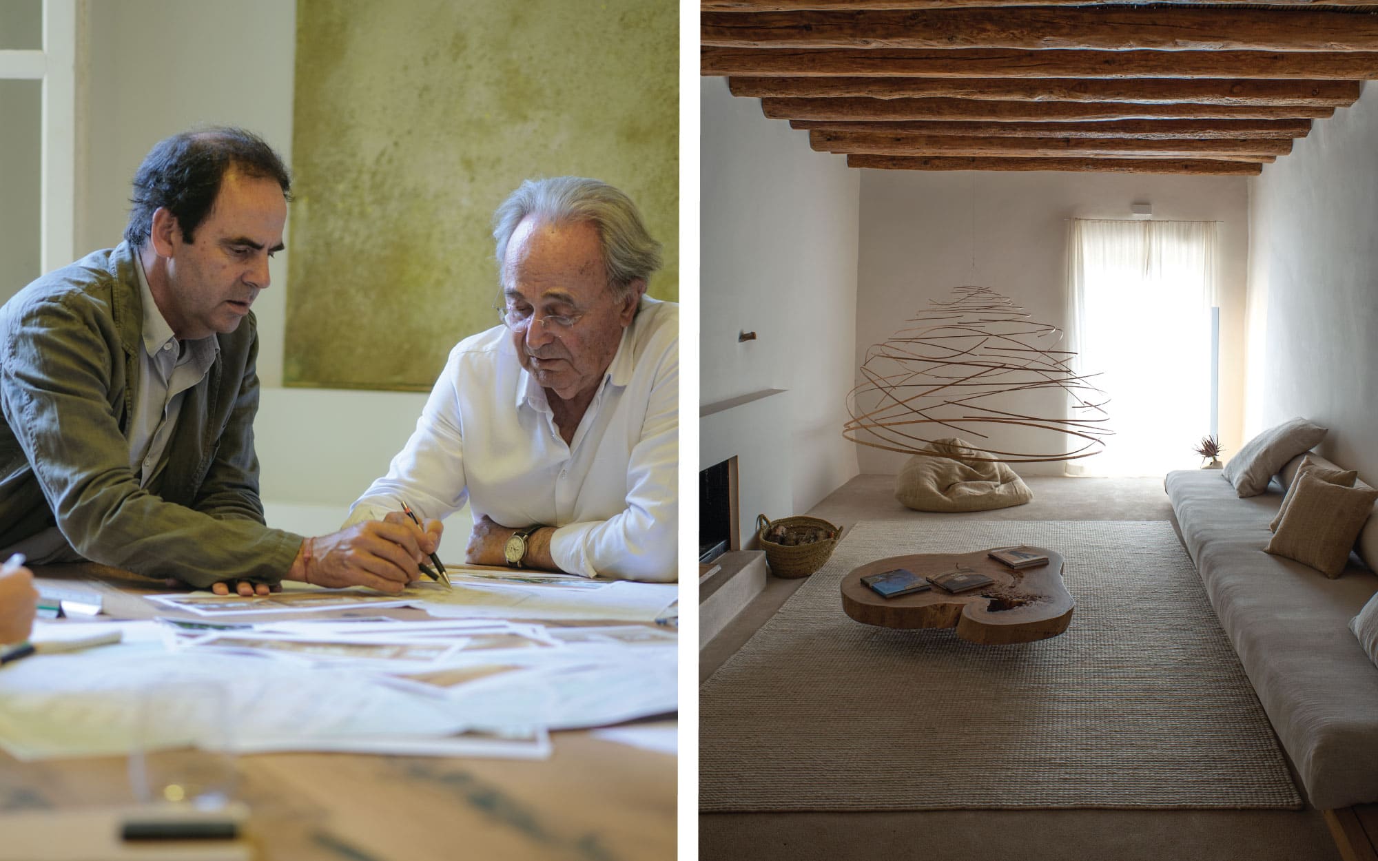 Left: Tomeu Esteva along with his father Antoni Esteva. Right: Es Racó d'Artà’s minimalist design and natural materials characterise the interior while reflecting the harmony with nature (Image Credits: Jean-Marie del Moral)
