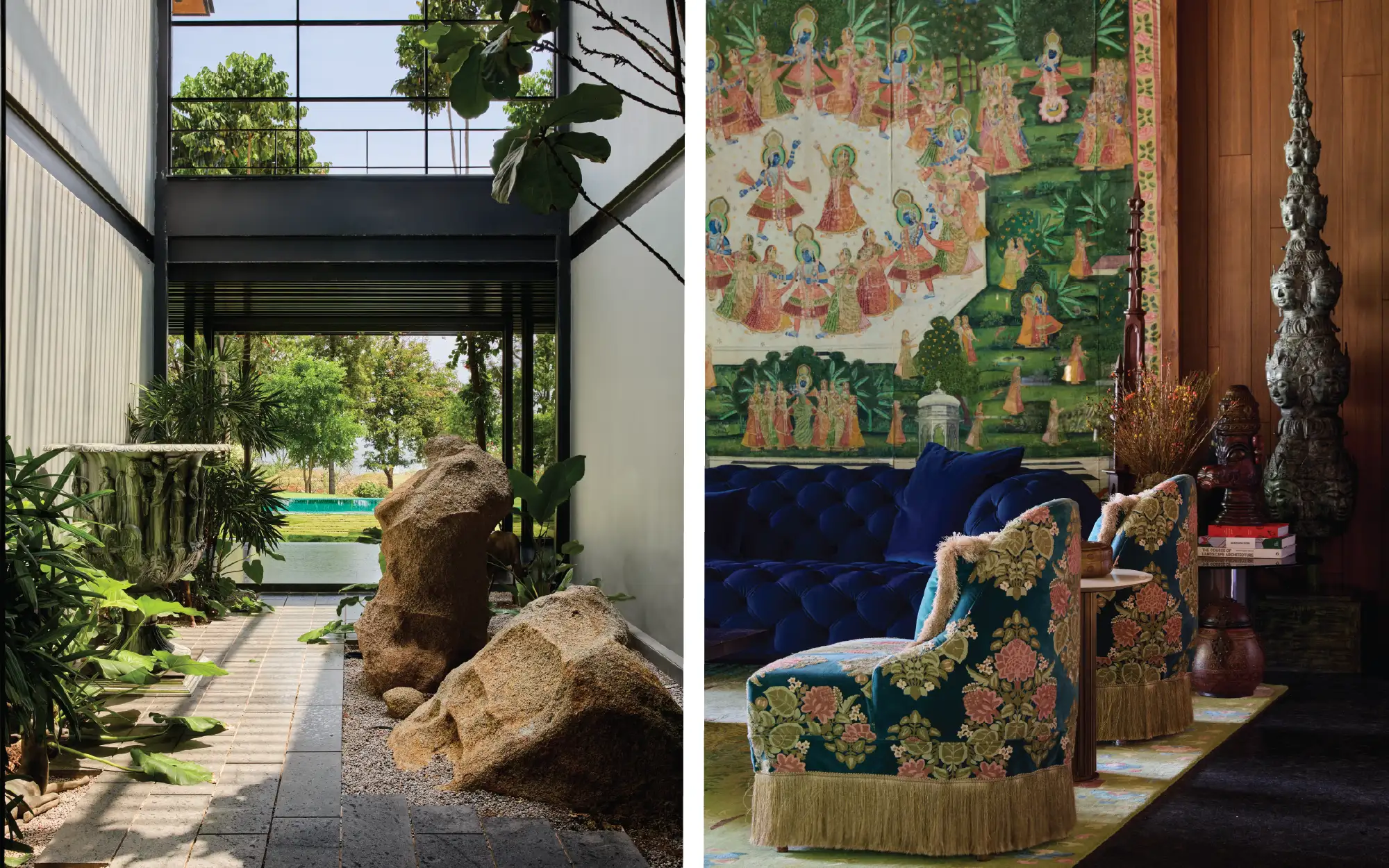 Left: The design of the home seamlessly blends the outdoors with the indoors, resulting in nature-centric views and ample ventilation. The large planter from The Charcoal Project fits in perfectly into the space. Right: The spaces have curated treasures layered thoughtfully. The bronze Indonesian sculpture of Buddha sourced from Jain Handicrafts complements the Slipper chairs from Studio Orion. Sabyasachi’s Landour Damask fabric adds another layer of texture to the space. (Image Credits: Talib Chitalwala)