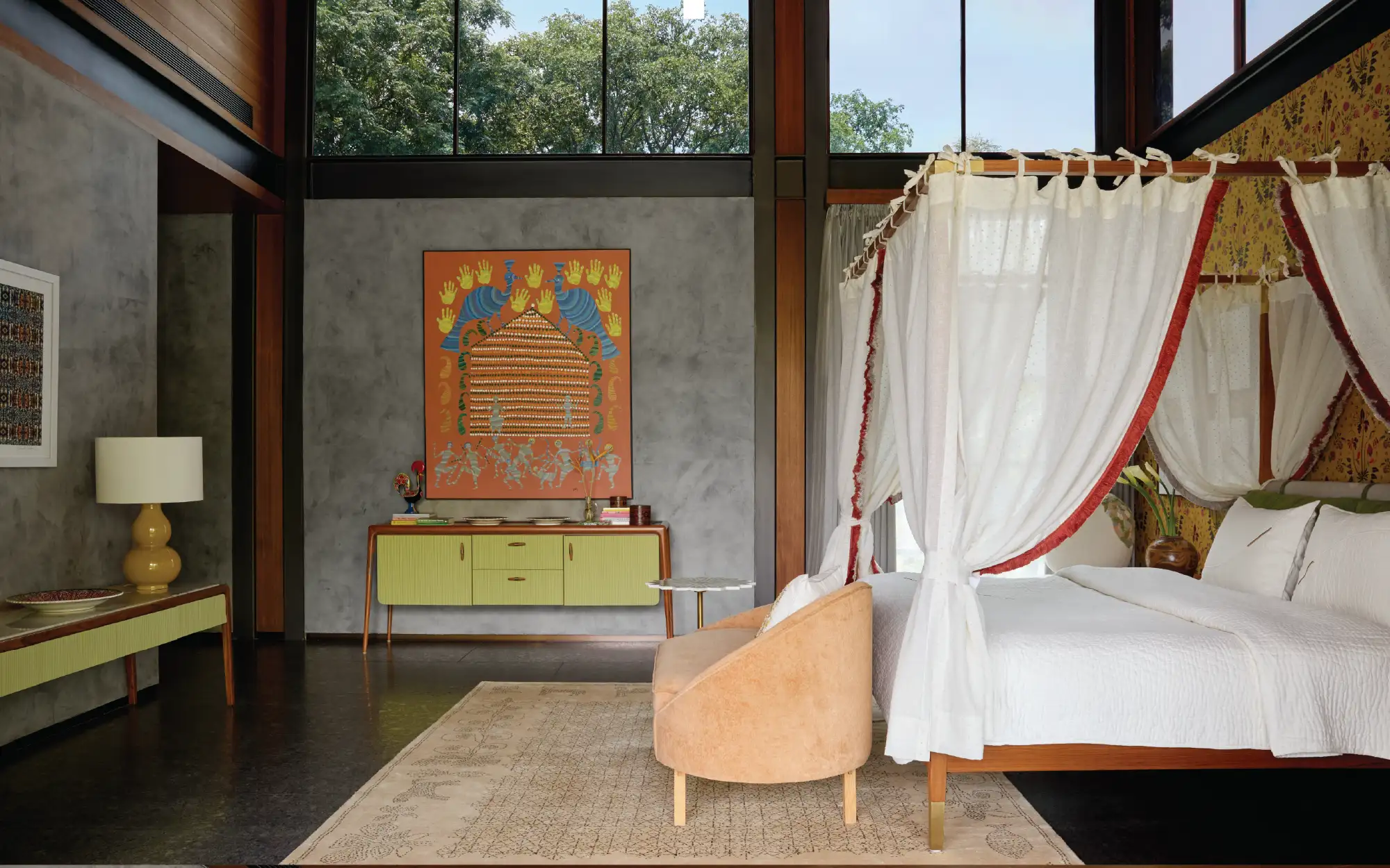 The daughter's bedroom is an oasis of calm with the painted canvas sourced from Ojas Art, New Delhi. The sideboard from WITHIN and rug from Obeetee complement the overall design language that is layered, warm and inviting (Image Credits: Talib Chitalwala)