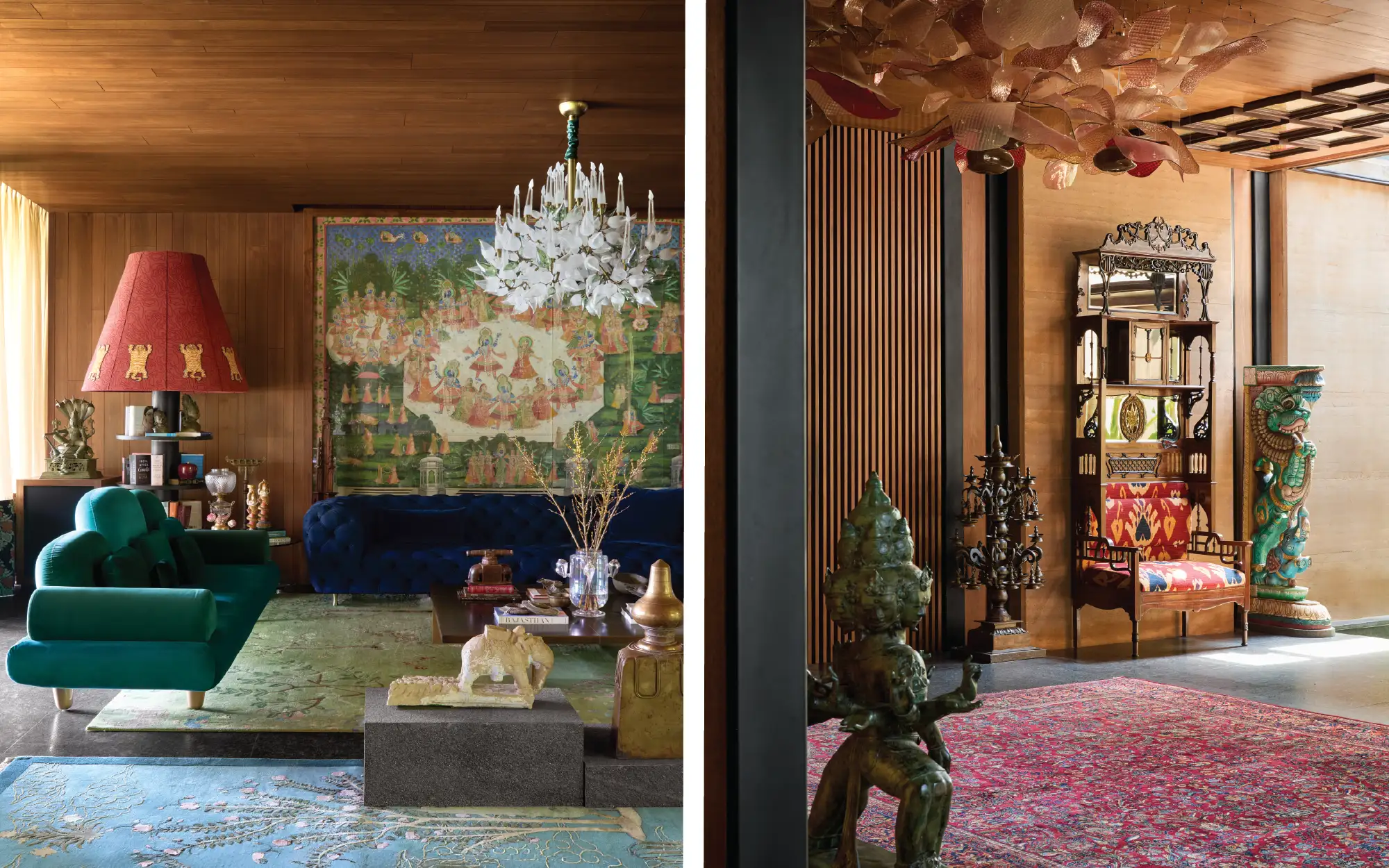 Left: Custom-designed pieces and contemporary handcrafted accents take centre stage in the home. Case in point is the floor lamp by WITHIN, which serves as a unit to display books and vintage objects. The green sofa from Scarlet Splendour adds a pop of colour to the entire setting. Right: Point is the floor lamp by WITHIN, which serves as a unit to display books and vintage objects. The green sofa from Scarlet Splendour adds a pop of colour to the entire setting (Image Credits: Talib Chitalwala)