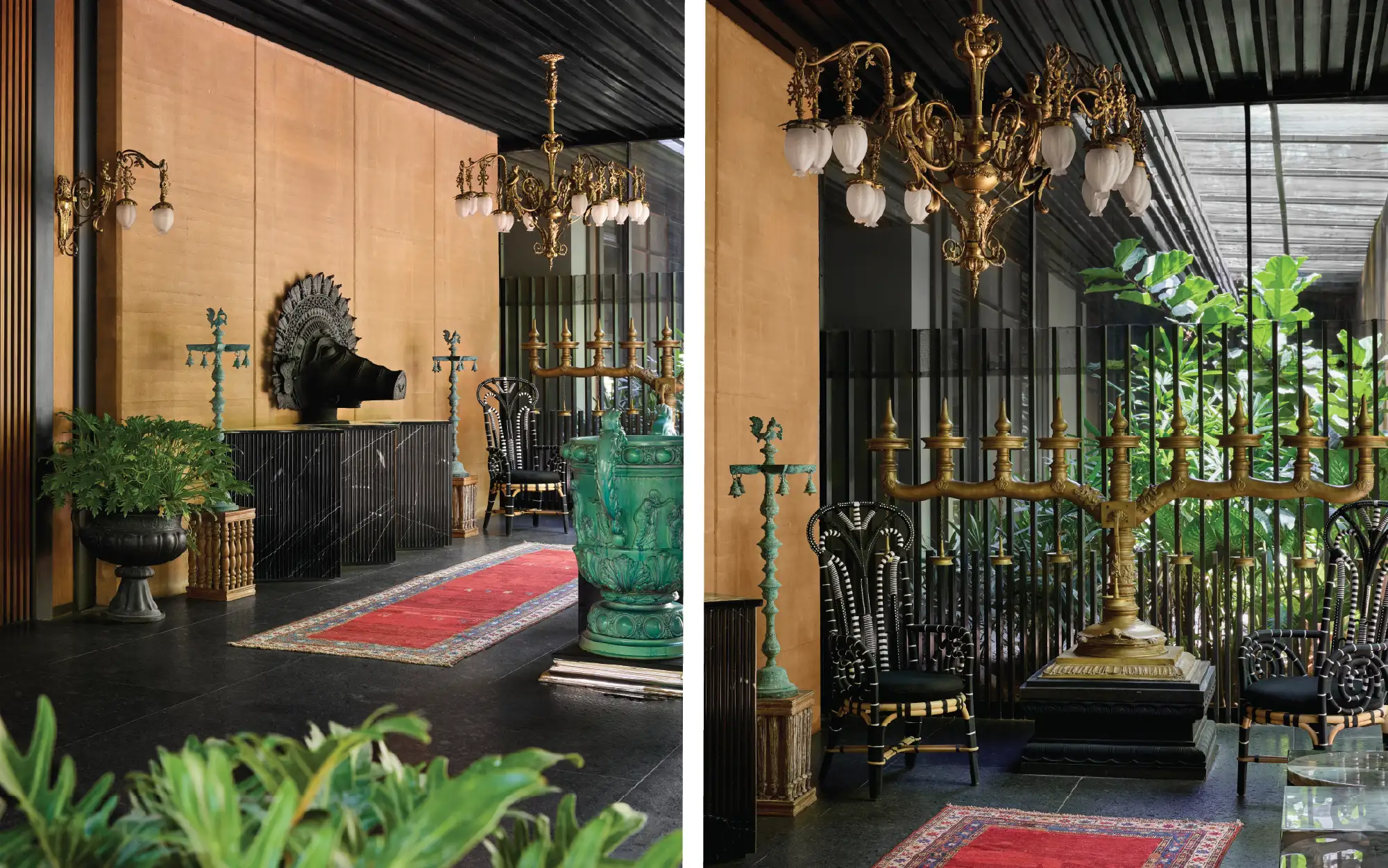 The foyer is enhanced by the antique hallway seater from Taherally’s which was reupholstered with fabric from Mind the Gap. The Cambodian sculpture from Jain Handicrafts, the Light Ark chandelier custom made by Light Works India and the antique rug from Jaipur Rugs lend the space a heritage vibe (Image Credits: Talib Chitalwala)