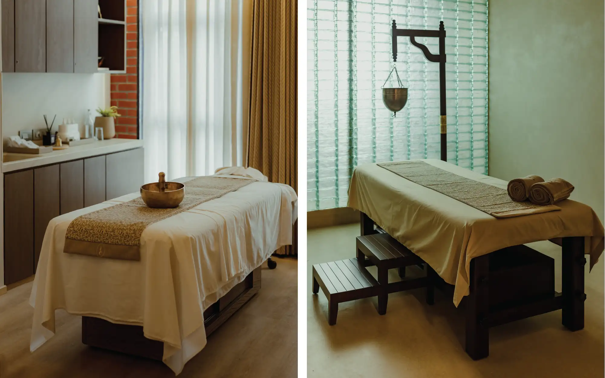 Inside Dhun Wellness. Left: Nada Yoga or ‘sound healing’ is finding its way into modern-day wellness modalities. Right: A ‘shirodhara’ massage set up where medicated oils are poured onto the forehead to activate the third eye. (Image Credits: Six Ways to Sunday for Dhun Wellness)