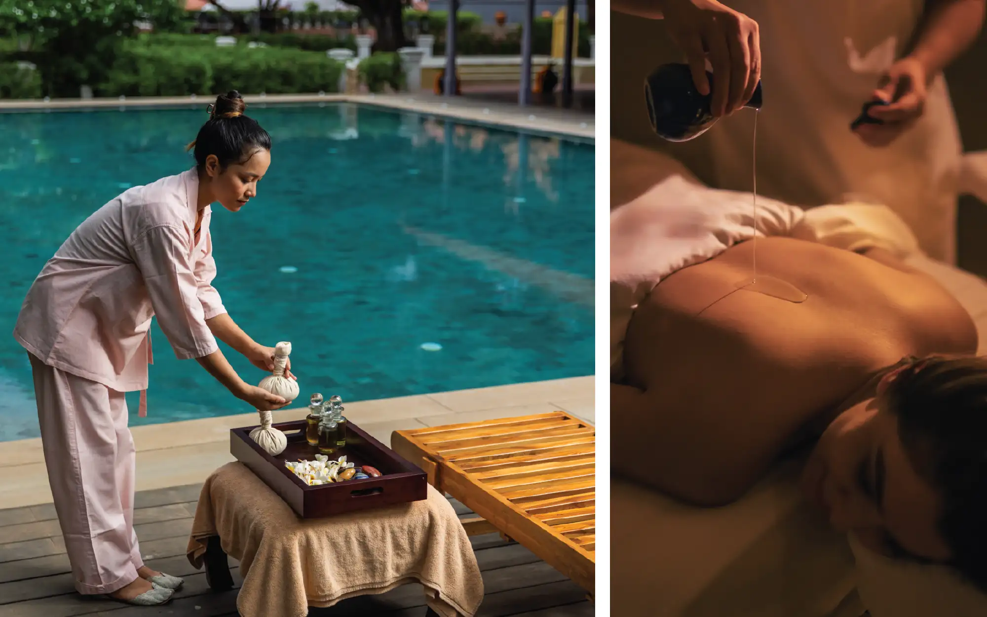 Left: Ayurvedic retreats blend age-old traditions and philosophies to foster holistic well-being. (Image Credit: Rambha Palace.) Right: Herbal oil-infused massages are fundamental to Ayurvedic therapies. (Image Credit: Four Seasons Mumbai.)